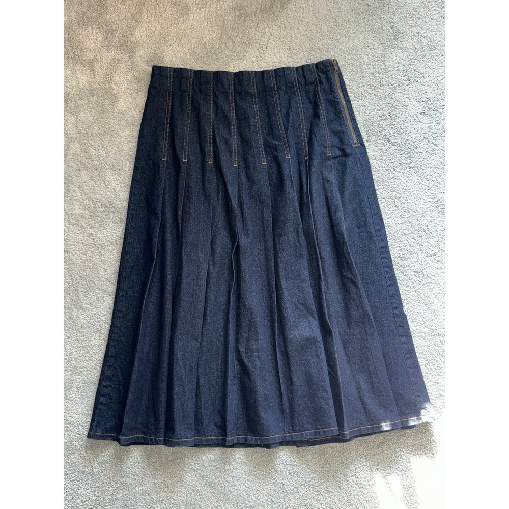 Free Assembly Womens Dark Wash Stitch Pleated Denim Midi Skirt Blue Size 14